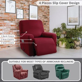 ULTICOR Squared Jacquard Design, 4-Piece, 1 Seat Recliner Cover, Reclining Chair Covers for 1 Cushion Reclining Sofa, Single Seat Recliner Couch Cover, Washable (Recliner Cover, Burgundy - Wine)