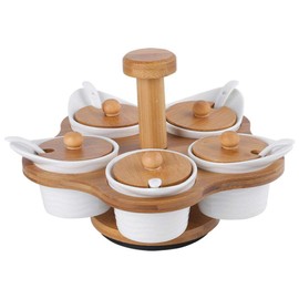 5pcs per Set Ceramic Sugar Bowl with Lids and Spoons, Seasoning Box Condiment Pots, White Ceramic with Bamboo Lid, Container Spice Jar Salt Cellar for Kitchen