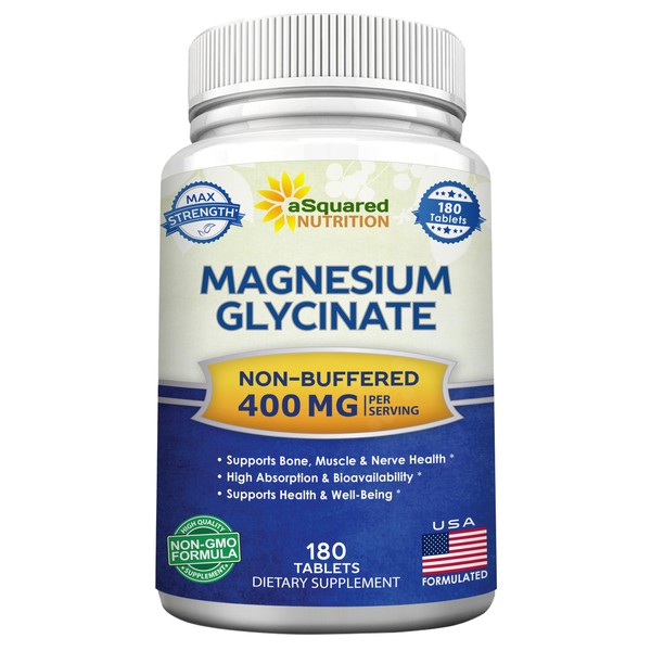 aSquared Nutrition Magnesium Glycinate 400mg - 180 Tablets - Max Strength Magnesium Bisglycinate Supplement -Maximum Bioavailability & Absorption-Non-GMO -Not Buffered-Supports Muscles, Bones & Heart