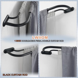 Lwiiom Double Curtain Rod for Windows 48 to 84 Inch,Adjustable Black Wrap Around Curtain Rod with Aluminum Double-deck Finials and Brackets,1"Front and 5/8" Back Blackout Curtain Rod
