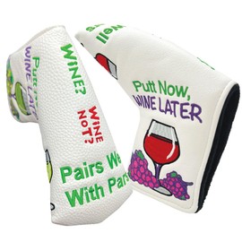 Giggle Golf Blade Putter Cover, PU Leather with Embroidered Designs and Magnetic Closure (Putt Now Wine Later)