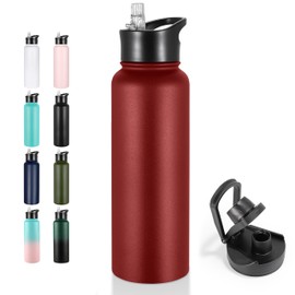 VEGOND 40 oz Insulated Water Bottle Stainless Steel Metal Water Bottles with Leak Proof Straw Lid & Spout Lid, Wide Mouth Double Walled Vacuum Travel Sports Bottle, Red