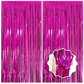 2 Pack Hot Pink Backdrop Party Decorations Tinsel Foil Fringe Curtain Backdrop Streamer Photo Booth for Wonmen Girl Pink Theme Princess Bachelorette Graduation Birthday Party Decorations