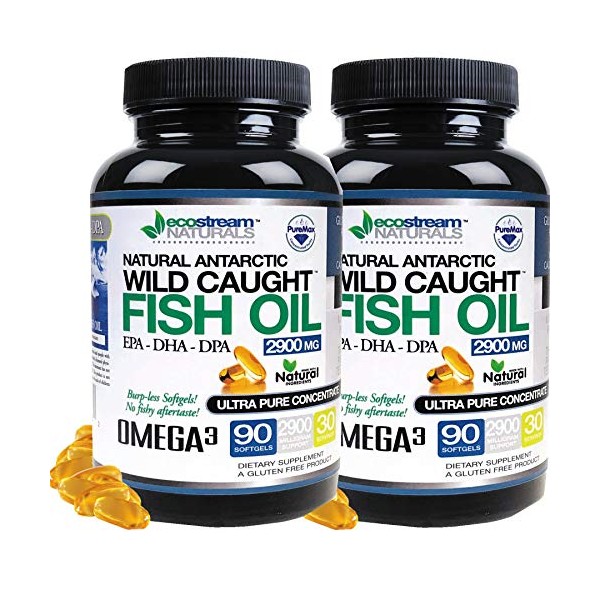 (Pack of 2) Natural Antarctic Wild Caught Omega 3 Fish Oil DPA-EPA-DHA Supplement by Ecostream Naturals - 2,900 Milligrams Triple Strength Ultra Pure Concentrated SoftGels - No Fish Tasting Burps