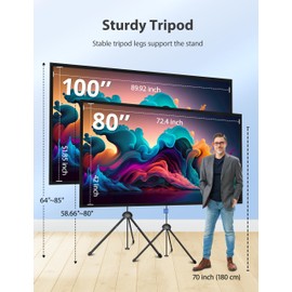 Projector Screen with Stand, Paris RHÔNE 80-inch Outdoor Indoor Projector Screen 16:9 4K HD PVC, 1.5 Gain Portable Wrinkle-Free Movie Screen for Home Backyard Theater with Carry Bag, Ground Nails