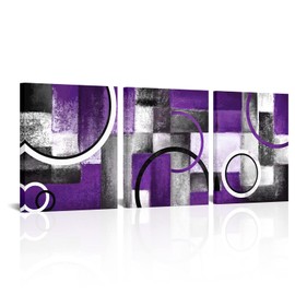 Visual Art Decor Purple and Grey Abstract Geometric Circle Canvas Wall Art Room Decor Picture Framed Artwork for Living Room Bedroom Wall Decoration Ready to Hang (Purple)