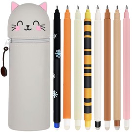 FRPABCF Erasable Gel Pens + 2-in-1 Pencil Case, with Thermo-Sensitive Erase Ink, a Variety of Ink Colours and Barrel Designs, 0.7 mm Tip (8 Pens + Grey Cat)
