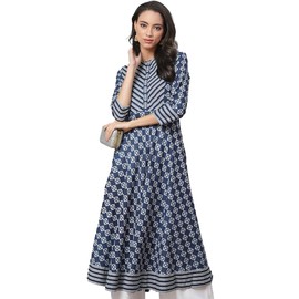 Yash Gallery Anarkali Kurta de algodón con estampado floral para mujer, Azul, S