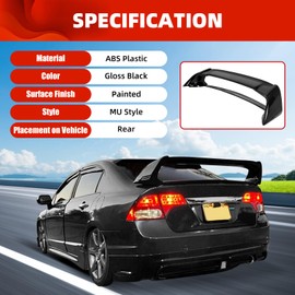 ECOTRIC Rear Trunk Spoiler Wing Compatible with 2006-2011 Honda Civic 4 Door Sedan ABS Trunk Spoiler Wing Painted Gloss Black