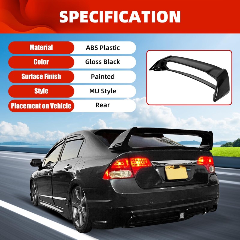 ECOTRIC Rear Trunk Spoiler Wing Compatible with 2006-2011 Honda Civic