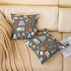 jejeloiu Happy Camping Throw Pillow Covers Set of 4 Kids Boys Girls 18 x 18-Inch Travel Bag Tent Print Cushion Case Outdoor Travel Decor Pillowcase Camping Gifts Indoor Outdoor Travel Trailers Themed