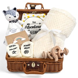 Newborn Gift, 7-in-1 Baby Gift Set for Boys and Girls: Baby Blanket, Comforter, Wooden Rattle with Elephant, Bib, Socks in Gift Box, Baby Birth Gift, Baby Shower Idea Beige