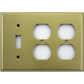 Stamped Satin Brass 3 Gang - 1 Toggle Switch 2 Duplex Outlet Openings Wall Plate
