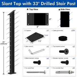 Gyykzz Stair Cable Railing Post 42"x2"x2", Slant Fixed Top Stainless Steel Black Stair Rail Post with Cable Grommets, 33° Drilled Stair Deck Post with 5-Degree Spacers Fit for 28-38 Degrees Stairway