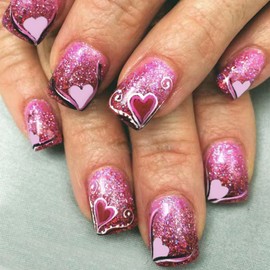 Glitter Press on Nails Shrot Square Fake Nails with Red Pink Heart Designs False Nails Press ons Glossy Acrylic Nails Cute Glue Stick on Nails for Women 24 Pcs