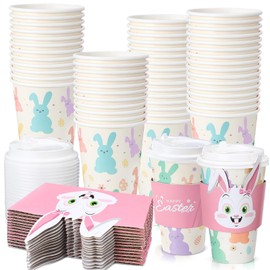 Layhit 50 Pack Easter Bunny Coffee Cups Paper 16 oz Easter Disposable Coffee Cups with Lids and Sleeves Bunny Tea Paper Drinkware Set for Hot Cold Drink Spring Holiday Party Favor Supplies