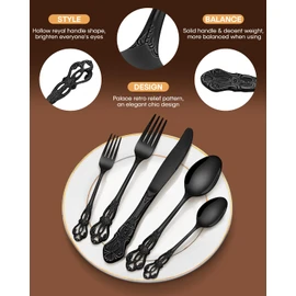 EUIRIO 48 Pieces Retro Royal Silverware Set for 8, Gorgeous Black Flatware Set with Steak Knives, Premium Stainless Steel Vintage Cutlery Set with Forks Spoons and Knives, Dishwasher Safe