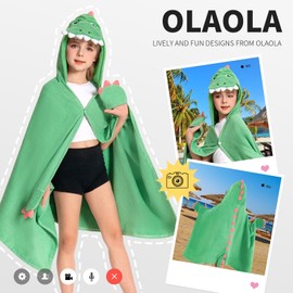 OLAOLA Dinosaur Hooded Towel for Kids 3-12 Years, 28" x 53" Soft Thick Absorbent Beach Towel, Toddler Bath Towel Wrap, Swim Pool Towel Poncho for Boys Girls