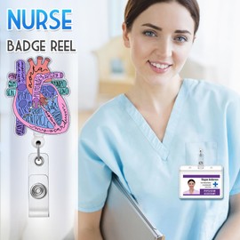 Heart Badge Reel Holder Retractable with ID Clip for Nurse Nursing Name Tag Card Anatomy Anatomical Cardiac Nursing Student Doctor RN LPN Medical Assistant Work Alligator Clip Badge Accessories
