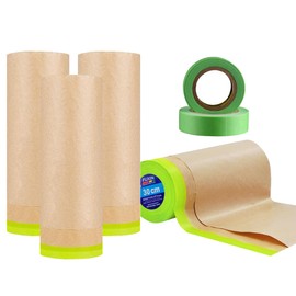 Wonninek Pre-Taped Masking Film, 4 Rolls Unfold 12" x 50ft Tape and Drape, Automotive Painters Masking Tape Film, Kraft Paper Sheeting Cover for Appliance and Furniture