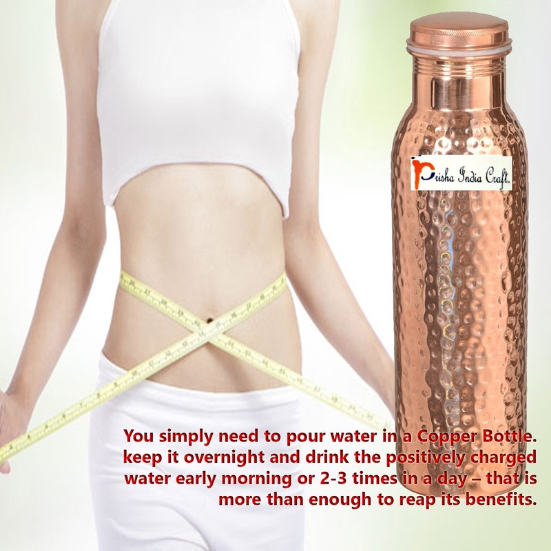Prisha India Craft Pure Copper Water Bottle, Hammered Design, Capacity
