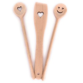 Balna Cooking Spoon Set Wooden Cooking Spoon Wooden Heart Gift Ideal for Wedding Valentine's Day Birthday Lovers Kitchen Set 2 Wooden Spoons + 1 Spatula Beech Wood 30 cm