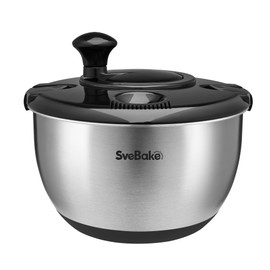 SveBake Stainless Steel Salad Spinner, 4.2 Qt Vegetable Washer, BPA-Free Lettuce Dryer with Crank Design, Dishwasher Safe, Non-Slip Base - Black Lid