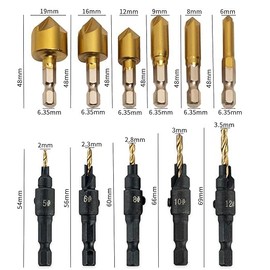 BRIOTA 12 Pcs Countersink Drill Bits Set, Titanium Coated High Speed Steel Counter Sinker Drill Bits with 1/4" Hex Shank, 5 Flute 90° Chamfer Tool (6mm-19mm) for Wood, Plastic, PVC, and Soft Metal