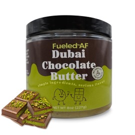 Fueled AF Dubai Chocolate Spread, 100% Pistachio Butter with Dubai Chocolate in a Jar, High Protein Flavored Nut Butter, (8 ounce Jar)