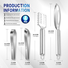 4 pieces stainless steel fish scale remover and stainless steel bone tongs tweezers (flat, slante), 2 x fish scaler remover and 2 x herringbone tongs, kitchen utensils for removing fish scales and