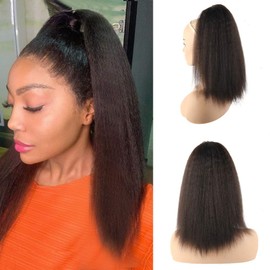 LEOSA 14 inches Natural Black Yaki Straight Drawstring Ponytail Short Hair for Women Ponytail Synthetic Hair Extensions Short Ponytail