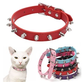 Adjustable Studded Spiked Cat Collar, Anti-Bite Rivet Small Dog Collar，Protective Neck Pu Leather Chihuahua Collar for Small Medium Large Dogs Male Cats,Red Xs