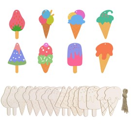 Tedasriyc Pack of 16 Wooden Children's Painting Ice Cream Pendants Birthday Unfinished Wood Painting Children Crafts Boys and Girls for DIY Birthday Decoration Crafts