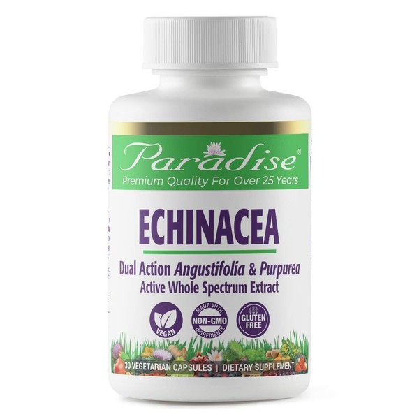 Paradise Herbs Echinacea Supplement, Dual Action Angustifolia & Purpurea Extract, Non GMO, Vegan, Gluten Free, 30 Veg Capsules