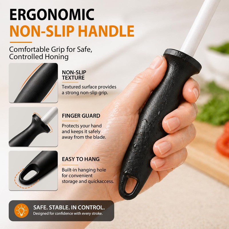 10-in Ceramic Honing Rod, 1200 Grit Knife Sharpener Rod for