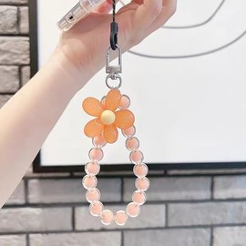 Colorful Flower Daisy Transparent Beaded Phone Charm Y2K Cute Phone Strap Pink Yellow Green Daisy Lanyard Jewelry Keychain Charm for Women -pure orange