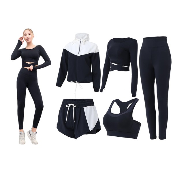 ZETIY 5 Pieces Femme Survêtement de Fitness Yoga Ensemble Tenue de Sport Jogging Gym Pilates Sportwear Tennis Vêtements - Noir - XL