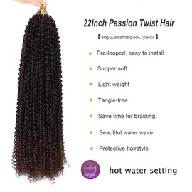 Dorsanee Ombre Chocolate Brown Passion Twist Hair 22 Inch 7 Packs Water Wave Crochet Hair Long Bohemian Curly Braiding Hair for Butterfly Locs, Faux Locs, Boho Style Spring Twist Crochet Braids (T33#)