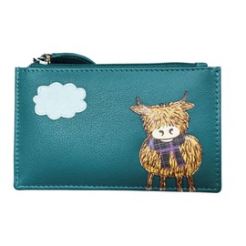 Mala Leather Highland Cow Coin & Card Purse – Black Soft Leather with RFID Protection – Appliqué Design with Dustbag (Teal)