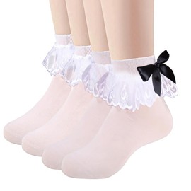MKYSZLT Womens White Ankle Lace Ruffle Frilly Socks Bow Socks Opaque Nylon Socks Coquette Socks Trim Bobby Socks Lolita Socks, White+black Bow, One Size