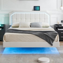 IDEALHOUSE Floating Bed Frame Queen Size with RGB Led Lights, Upholstered Platform Queen Bed with Adjustable Headboard, Button Tafted Headboard No Box Spring Needed, Easy to Assemble