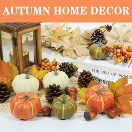 CHEAWRTZ 20 Pcs Realistic Fall Mini Pumpkin Decorations, Pumpkin Decor with Maple Leaves, Pine Cones, Acorns,Thanksgiving Decorations Indoor for Home Farmhouse Harvest Thanksgiving Table Decor