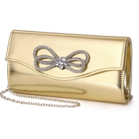 DETARA Women Evening Handbag Shiny Crystal Bow Flap Clutch Purse for Women Wedding Party Prom Purse (G-Gold 9118)