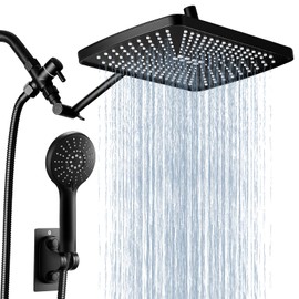 Qomolangma Shower Heads with Handheld Spray Combo, 12" Rectangle Rain Shower Head Combo with Extension Arm, 5 Modes Dual High Pressure Shower Heads with Handheld Spray, Black Shower Faucet Set