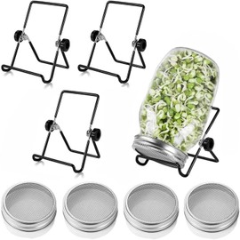 CAVLA 4 Pcs Sprouting Jar Lids with 4 Pcs Sprouting Brackets, Stainless Steel Mason Jar Lids Bean Sprout Making Tool, Germination Filter Lid Sprouting Stands Kit for Seeds Beans Cultivation