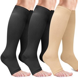 Pack of 3 Open Toe Compression Socks for Men and Women 15-20mmHg Knee High Socks for Circulation Support