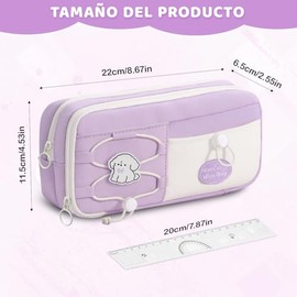 Estuche para lápices de gran capacidad con 7 compartimentos,1 Estuche para Lapices + Regla, Notas Adhesivas,BolíGrafo Y Clip,Estuche con Cordón de Gran Capacidad, Morado,Resistente Al Agua，Lienzo