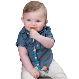 Sweet Jill Pacifier Clip Made with Silicone Beads and Secured with Wood Clip. 1 Piece Design. BPA-Free. Chewable. 9" Long. Keeps Pacifiers and teethers securely Fastened. (Navy)
