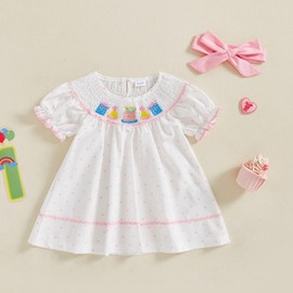 Pudcoco Toddler Baby Girls Birthday Smocked Bishop Dress Polka Dot Embroidery Short Sleeve A-line Pleated Dress (White, 3-4 Years)