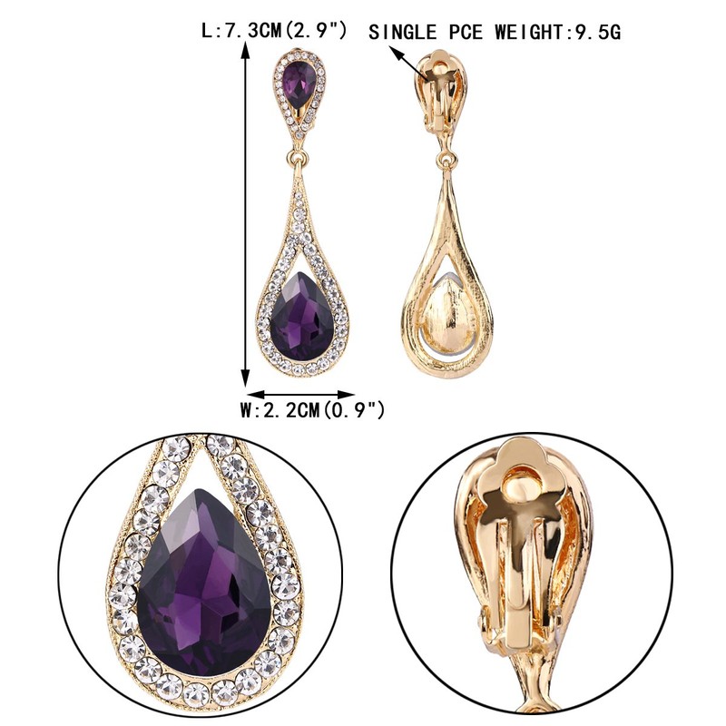EVER FAITH Purple Rhinestone Teardrop Clip On Earrings, Wedding Bridal